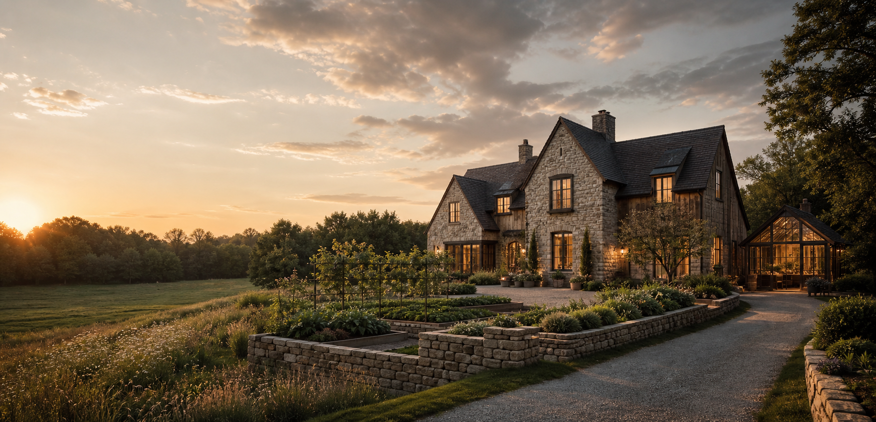 Example of a premium stone and timber homestead surrounded by gardens.