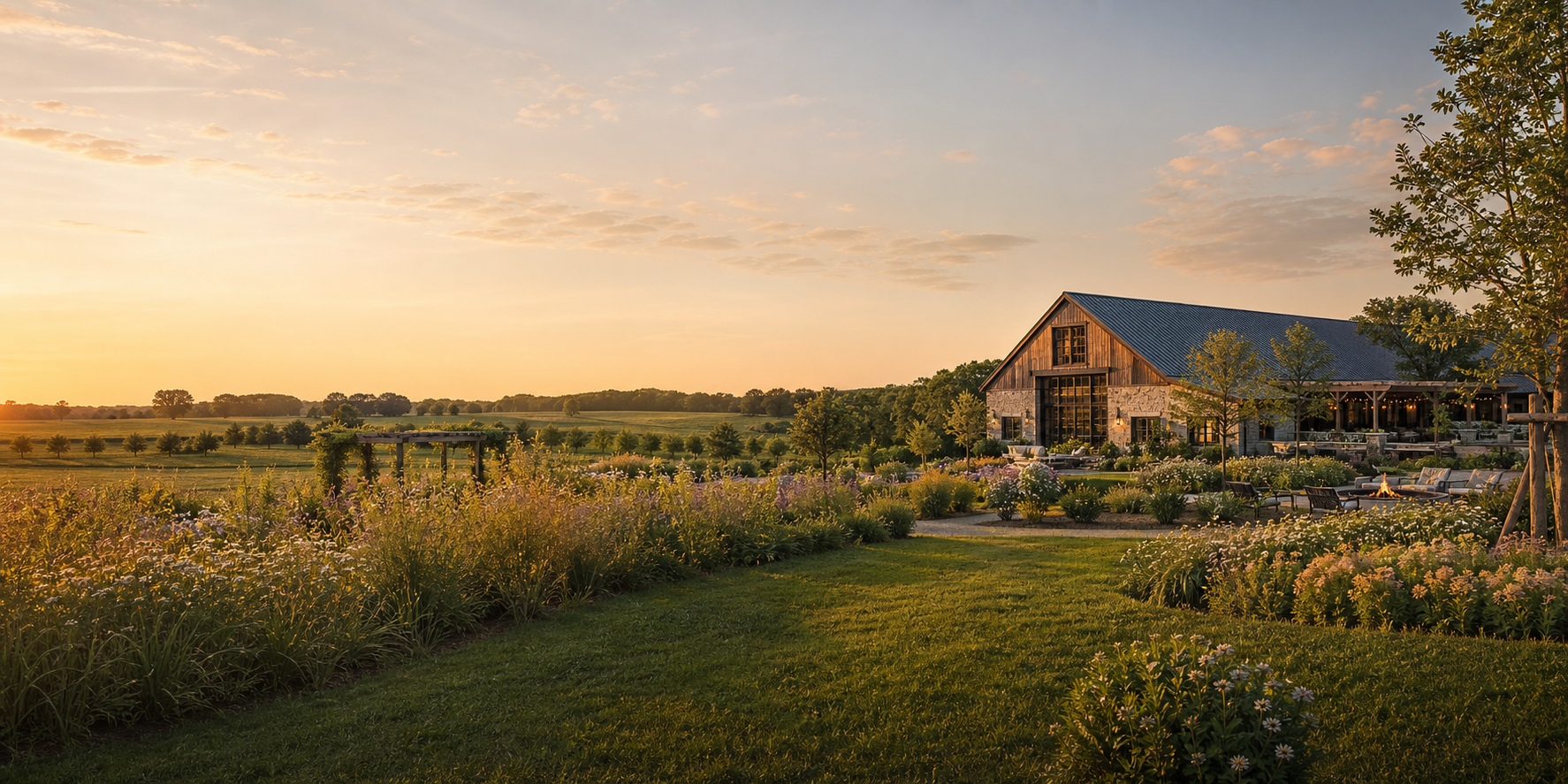 Example of a refined farm venue garden setting with cultivated landscape.