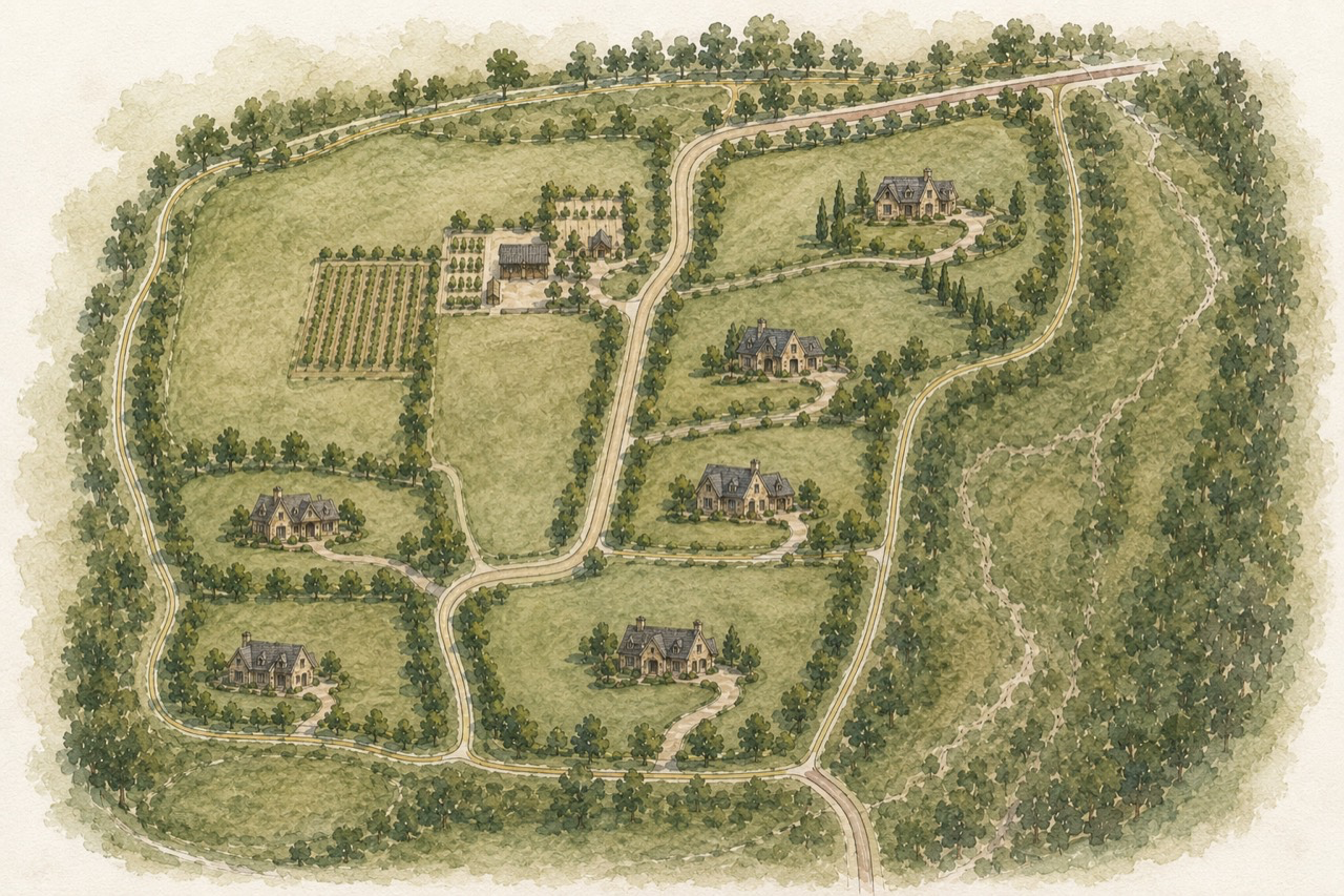 Watercolor concept map of Baker James Farm showing farm venue land, estate lots, reclaimed prairie and forest, walking trails, and controlled access.