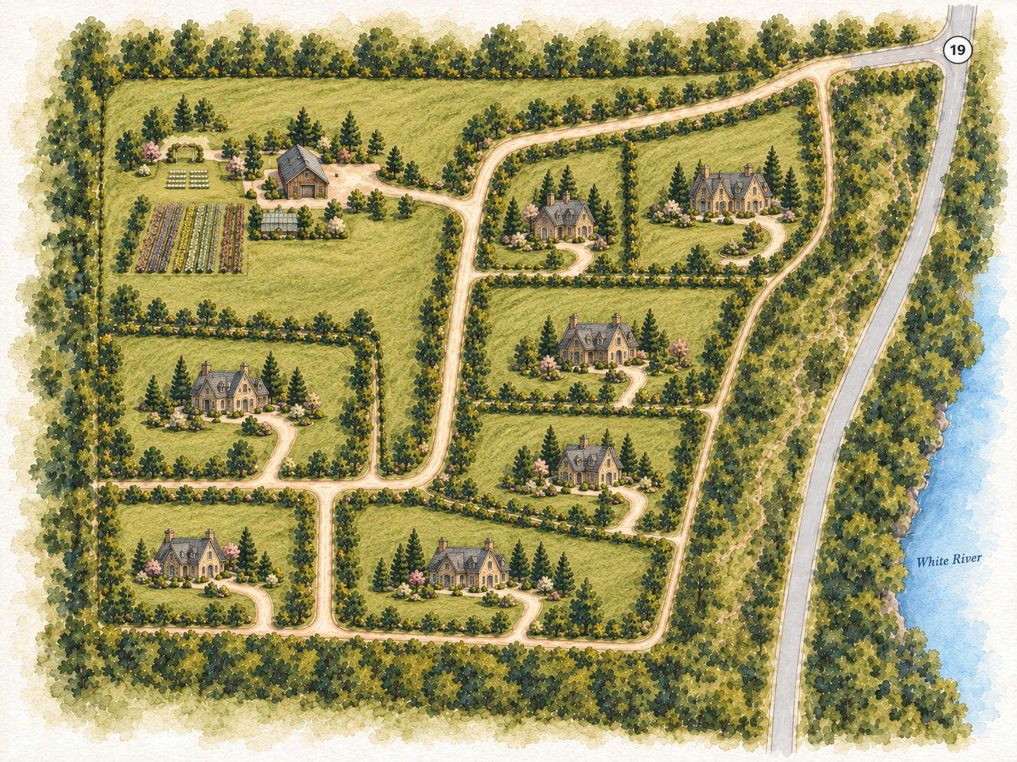 Watercolor concept map of Baker James Farm showing estate homes, a farm venue, garden rows, tree-lined lanes, and State Road 19 beside the White River.